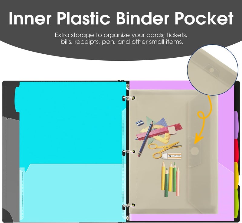 INFUN 1 Inch 3-Ring Telescoping Project Organizer Binder,13 Pocket, Customizable Front Cover, 5 Colors Pocket Divider and Plastic Binder Pocket，225 Sheet Capacity-Black - Image 5